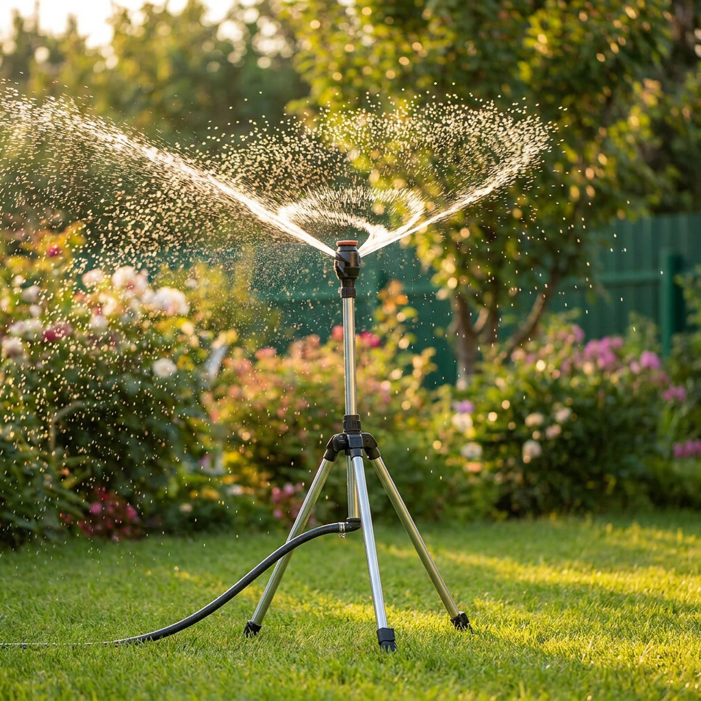 High-pressure tripod sprinkler watering a green lawn - lifestyle