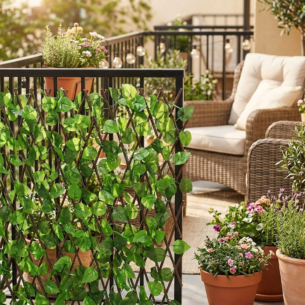 Retractable artificial plant fence on a balcony railing - lifestyle