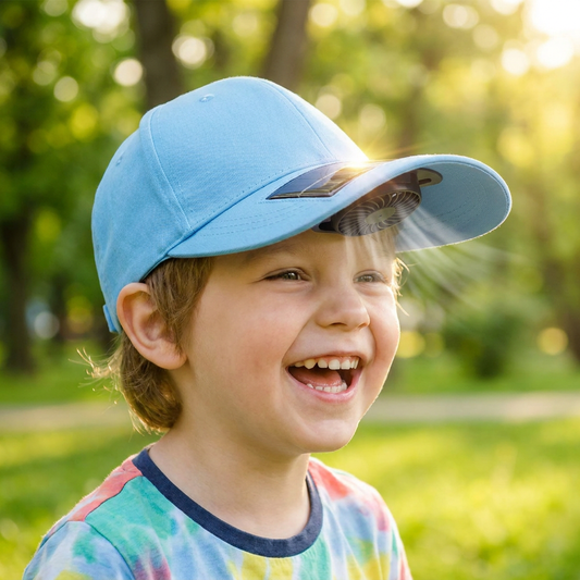 Child wearing kids solar fan hat outdoors - lifestyle