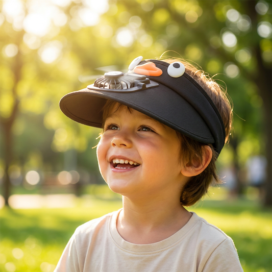 Child wearing sun visor cooling fan hat - lifestyle