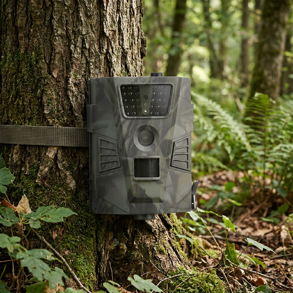 Wildlife trail camera on a tree in forest - lifestyle