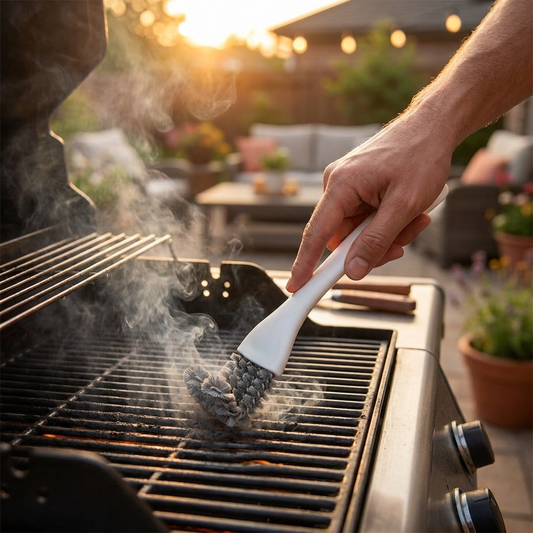 V-shaped grill brush cleaning a BBQ - lifestyle