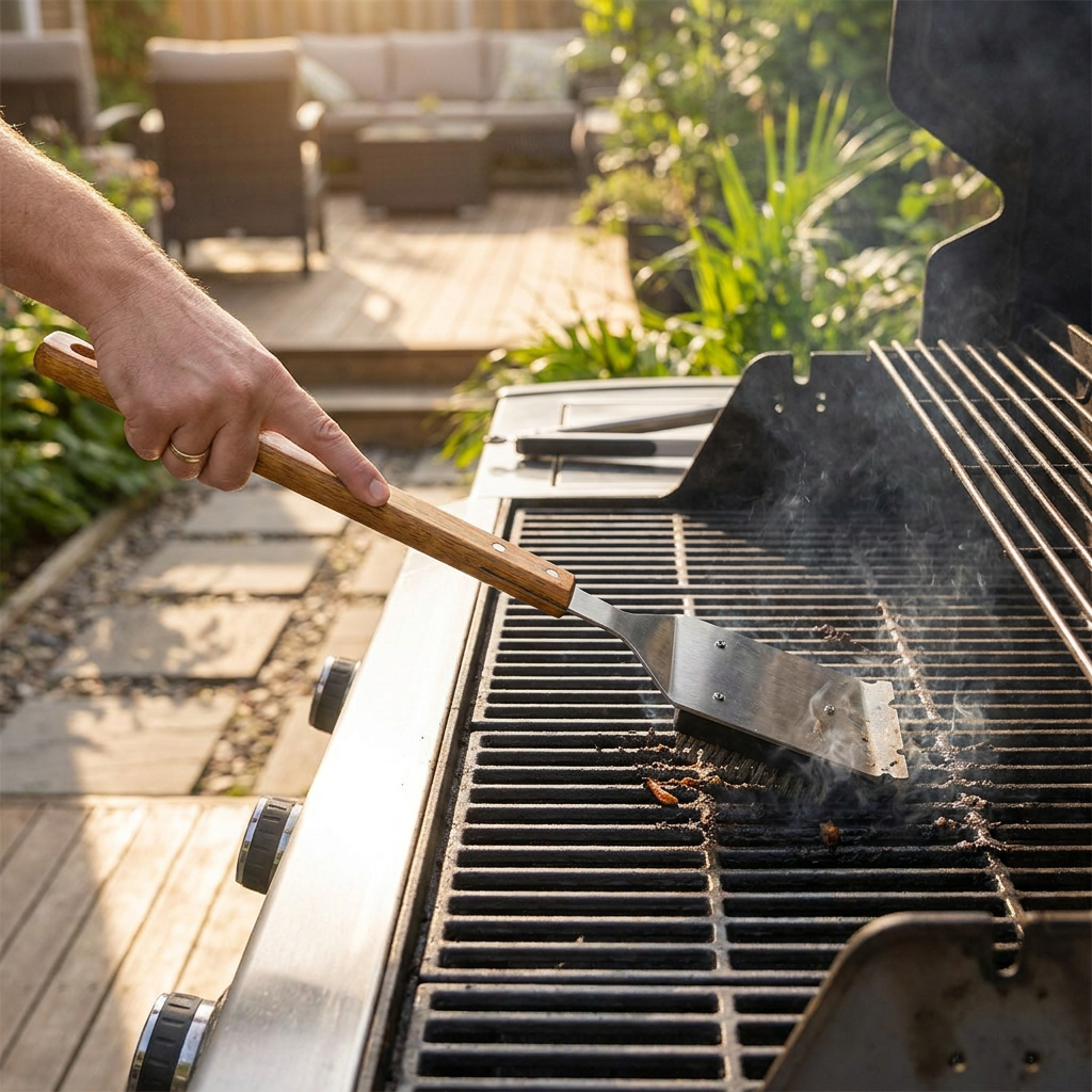 Long-handle grill brush scrubbing a BBQ - lifestyle