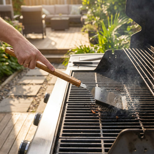 Long-handle grill brush scrubbing a BBQ - lifestyle