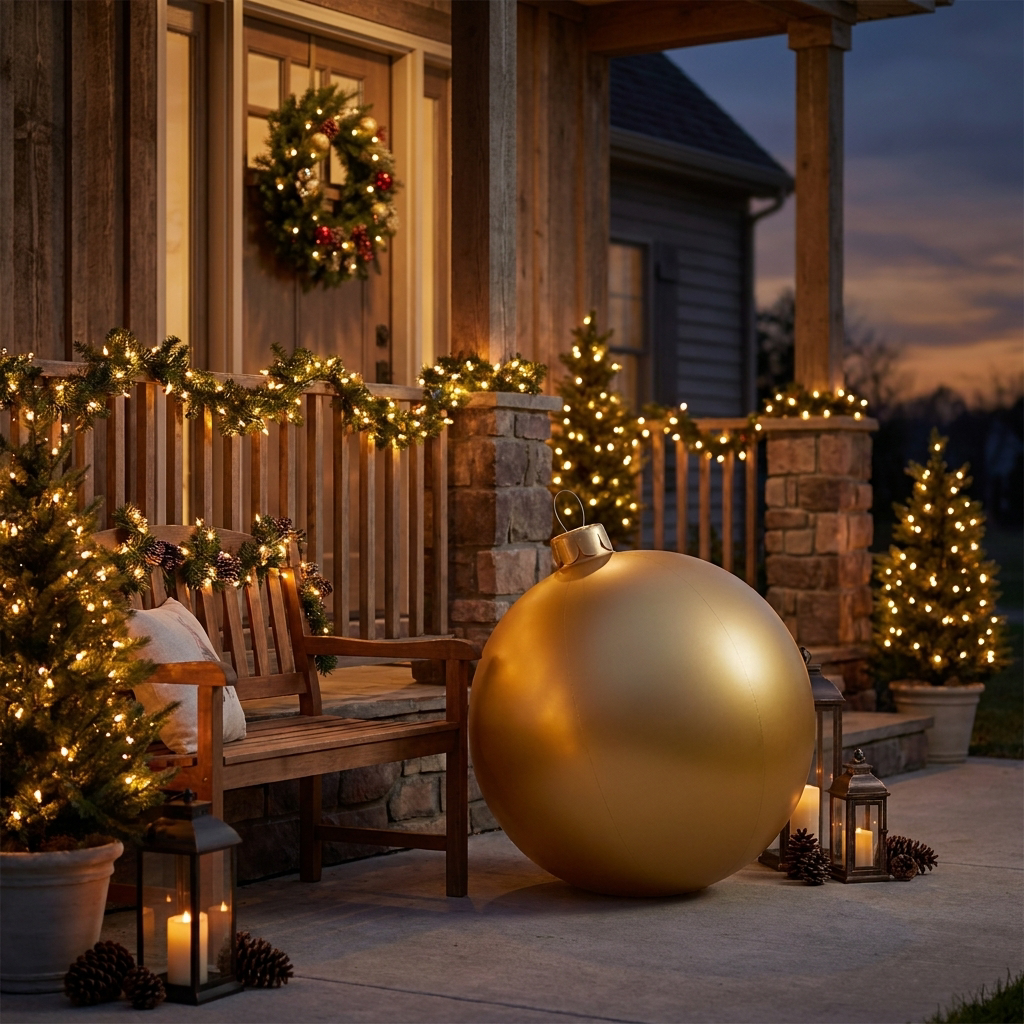 Inflatable holiday ball as festive porch decor - lifestyle