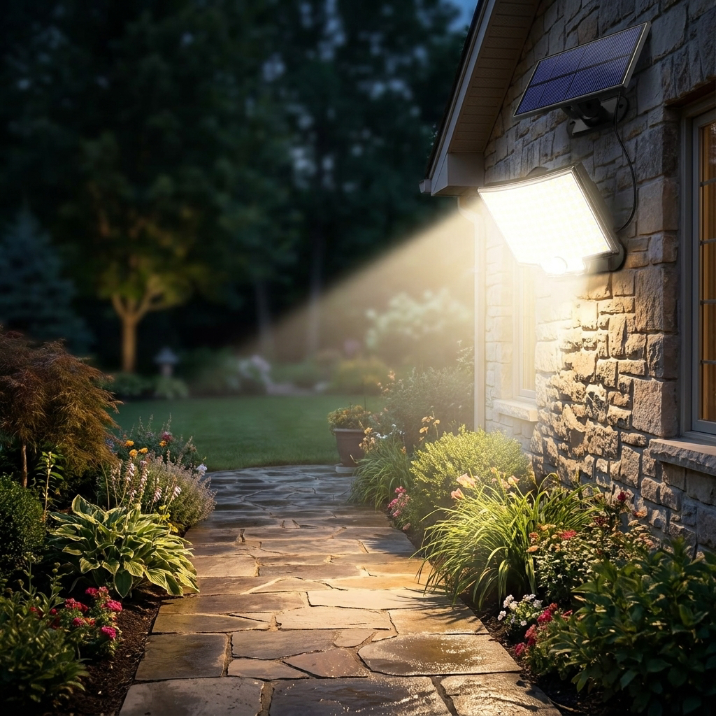 106 LED solar motion light on a house wall at night - lifestyle