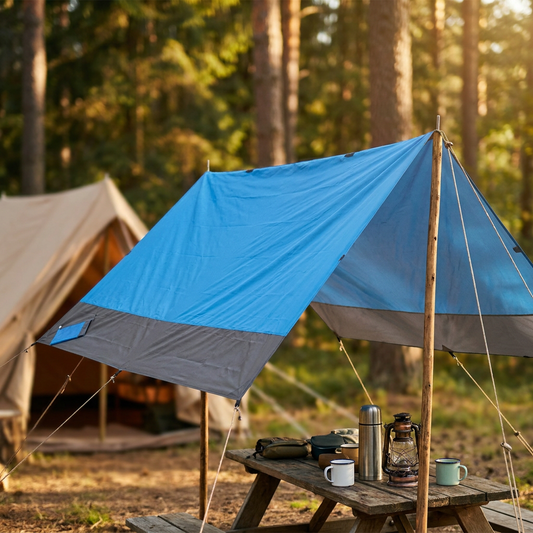 Heavy-duty camping tarp shelter at a campsite - lifestyle