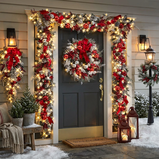 Christmas door decorations on a festive door - lifestyle
