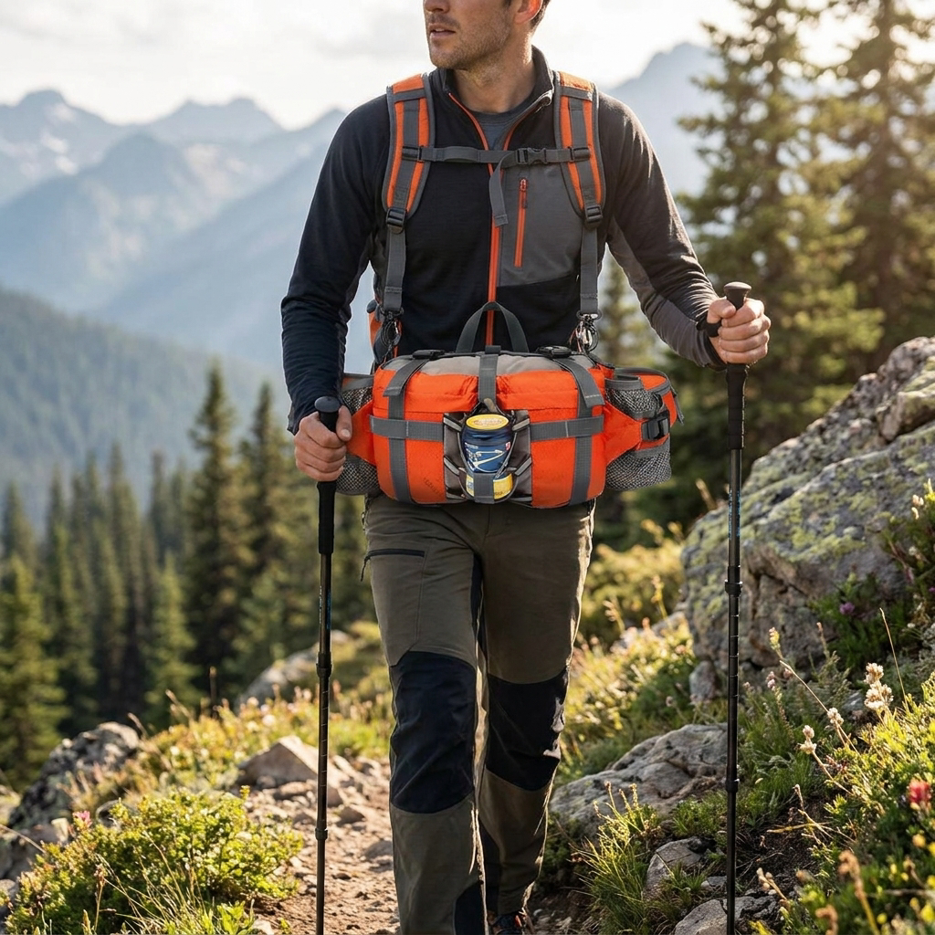 Outdoor sports waist bag worn while hiking - lifestyle
