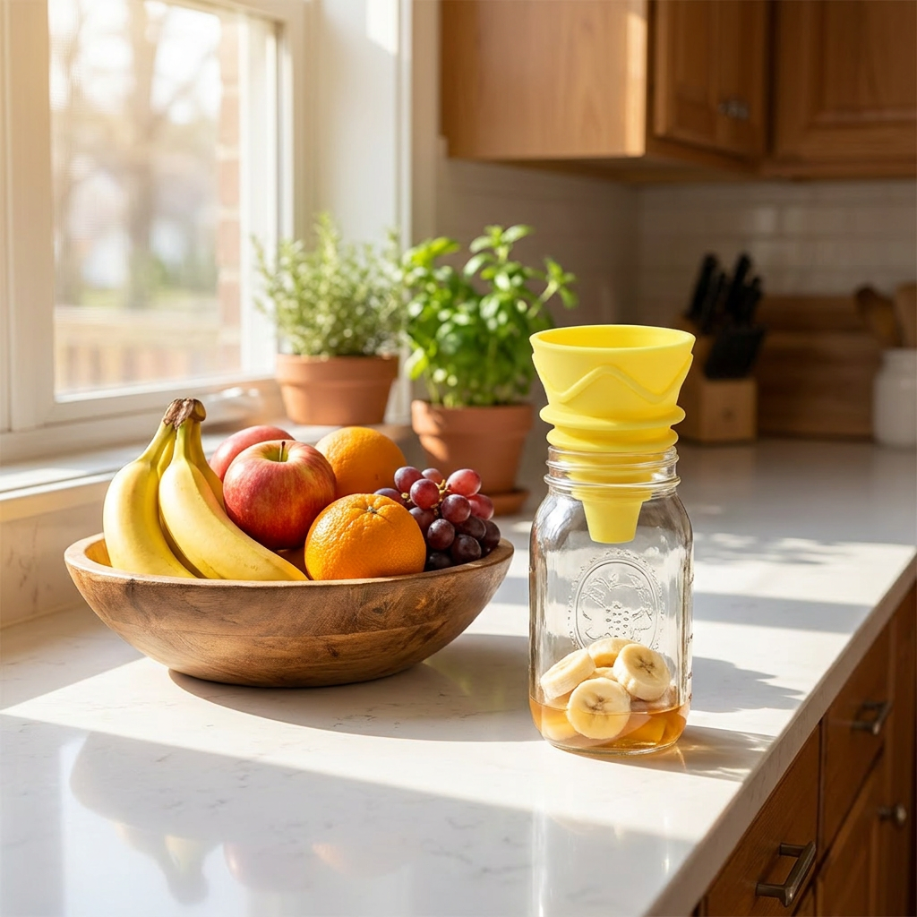 Silicone fruit fly funnel on a jar in a kitchen - lifestyle