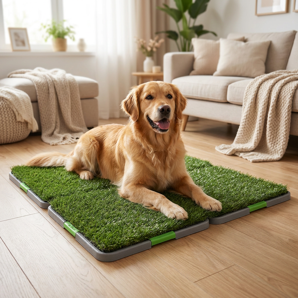 Indoor grass mat with a dog resting on it - lifestyle