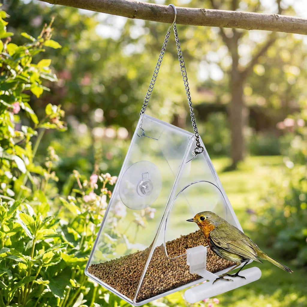 Clear acrylic hanging bird feeder in a garden - lifestyle