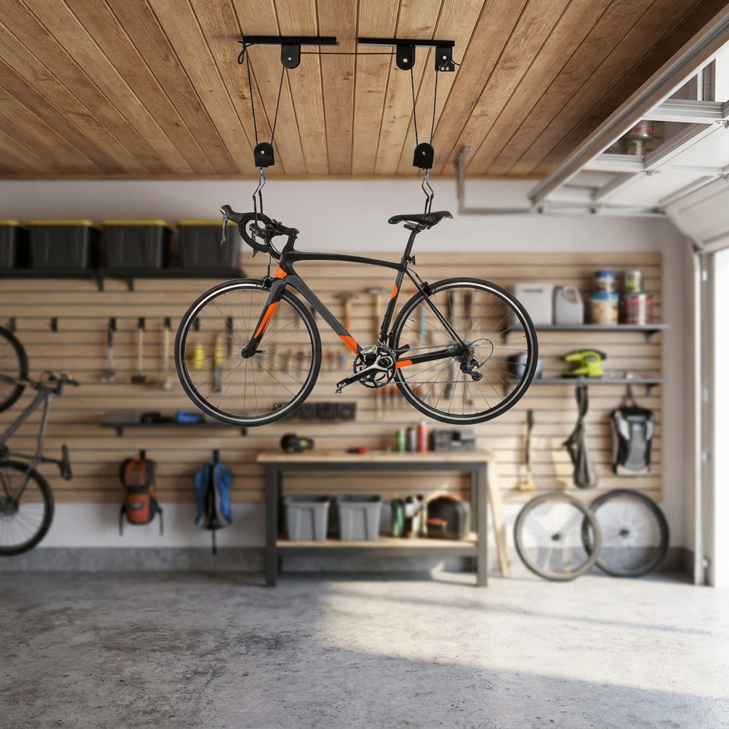 Ceiling bike hoist holding a bike in a garage - lifestyle