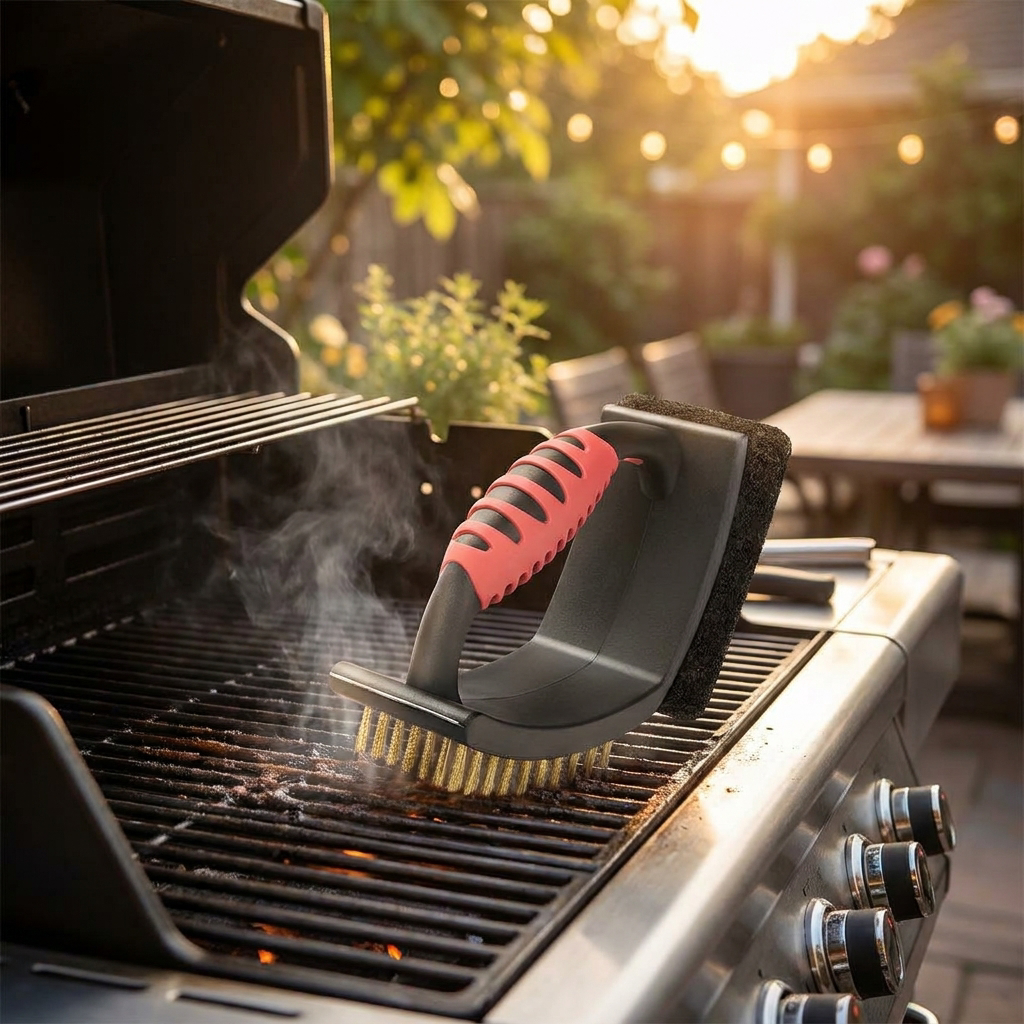 3-in-1 brass grill brush cleaning a BBQ - lifestyle