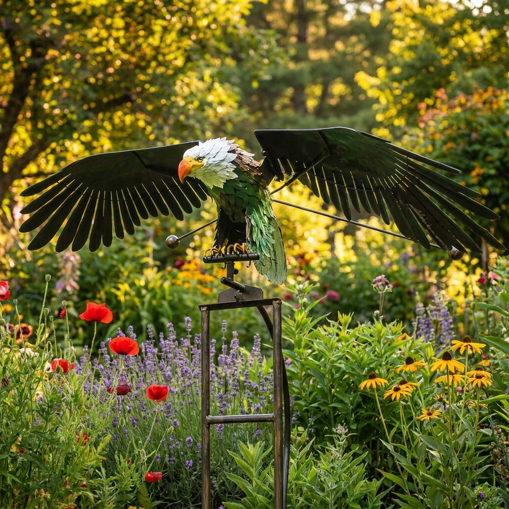 Metal garden bird sculpture among flowers - lifestyle