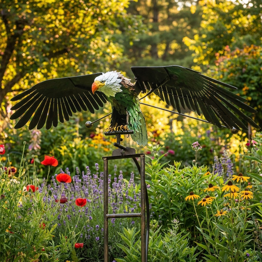 Metal garden bird sculpture among flowers - lifestyle