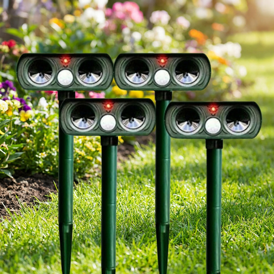 Solar ultrasonic pest repeller in a garden - lifestyle