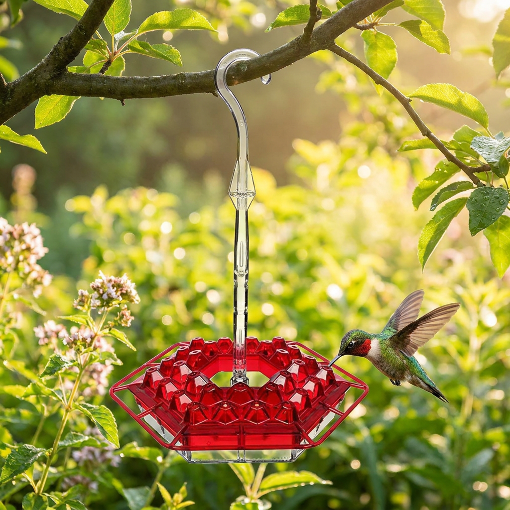 Ant-proof hummingbird feeder in a garden - lifestyle