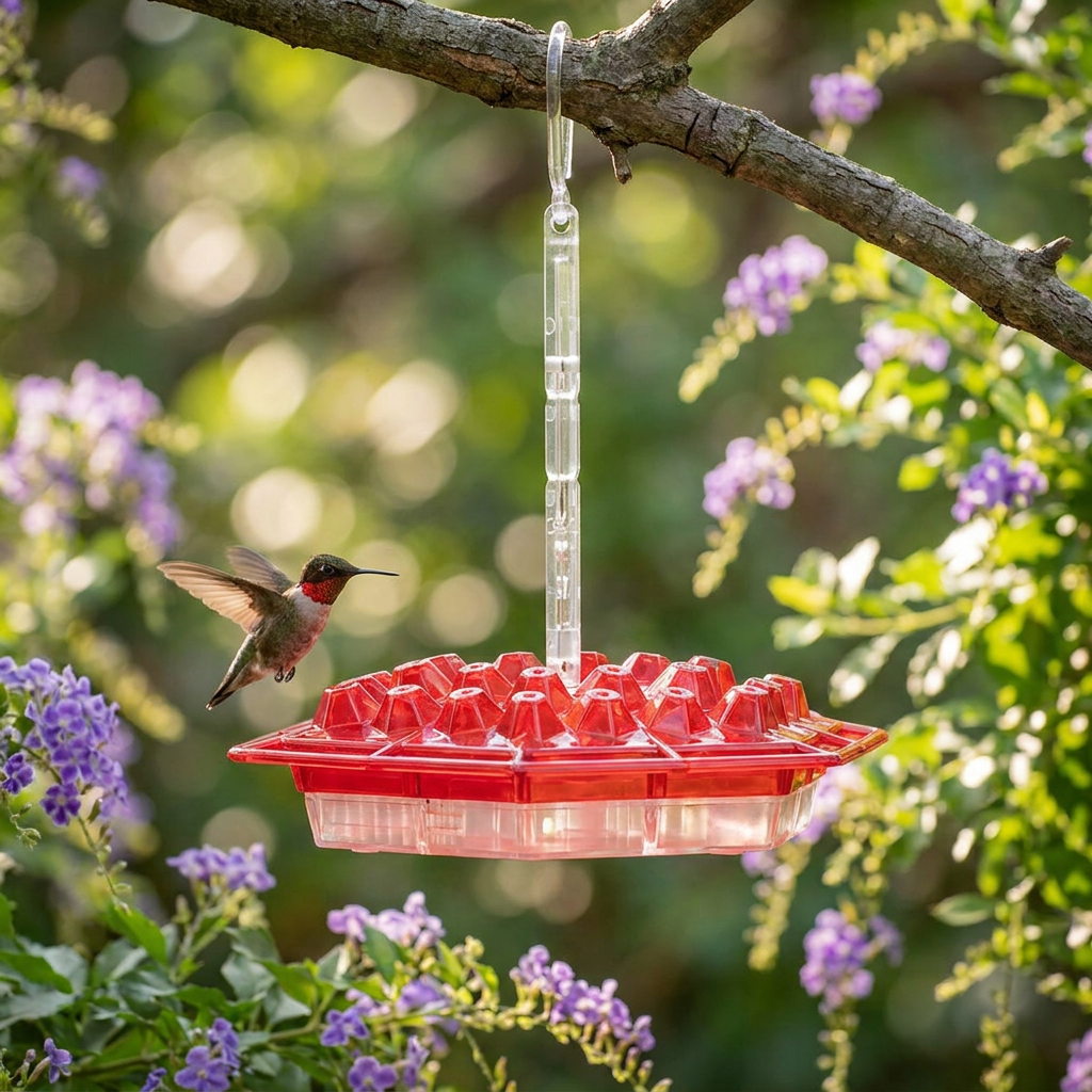 Hummingbird feeder with ant moat in a garden - lifestyle