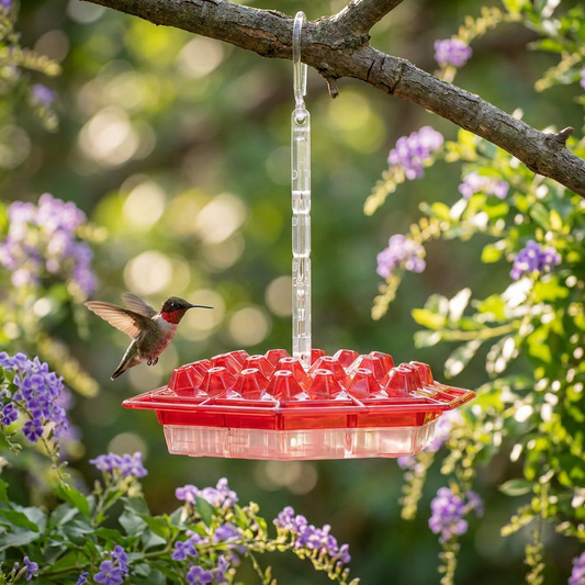 Hummingbird feeder with ant moat in a garden - lifestyle