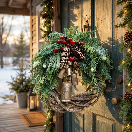 Farmhouse Christmas wreath on a front door - lifestyle