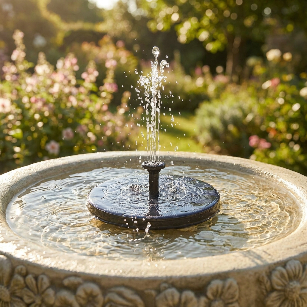 Solar water fountain in a garden birdbath - lifestyle