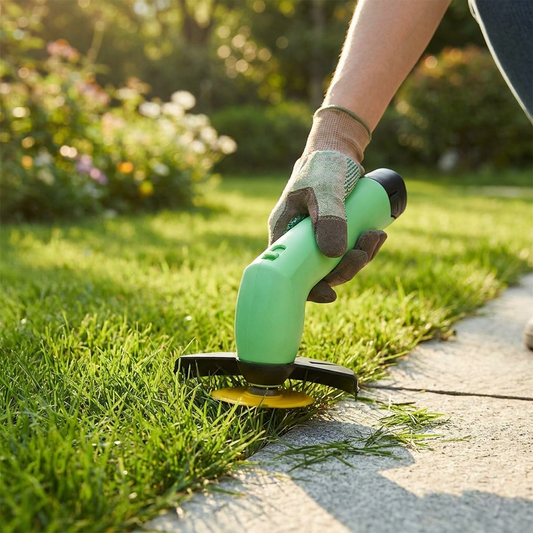 Cordless mini weed trimmer trimming grass edges - lifestyle