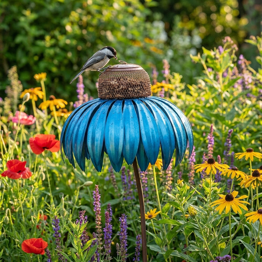 Coneflower bird feeder in a flower garden - lifestyle