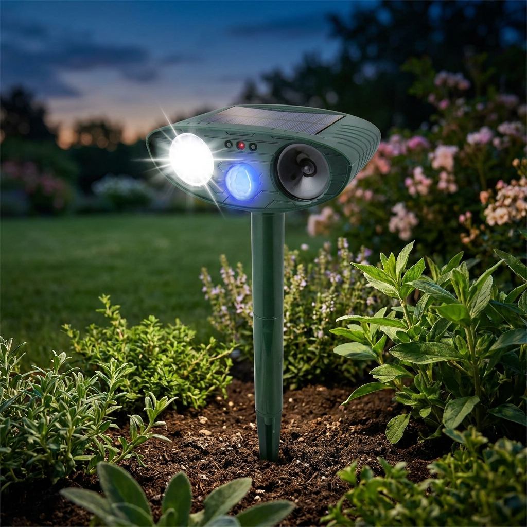 Solar ultrasonic rabbit repeller in a garden at dusk - lifestyle