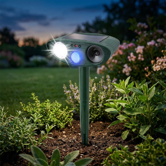 Solar ultrasonic rabbit repeller in a garden at dusk - lifestyle