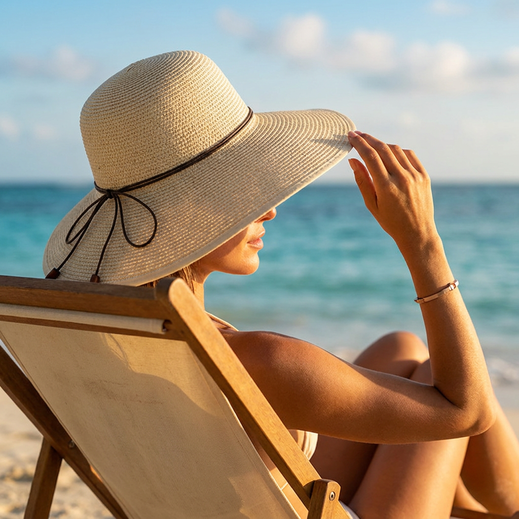 Woman wearing a wide-brim summer hat at the beach - lifestyle