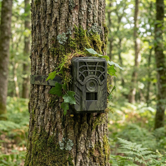 Camouflage wildlife camera on a tree in a forest - lifestyle