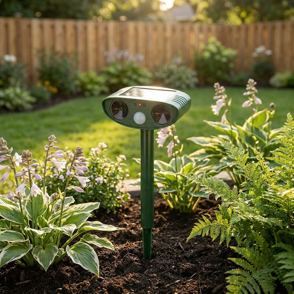 Solar ultrasonic chipmunk repeller in a garden - lifestyle