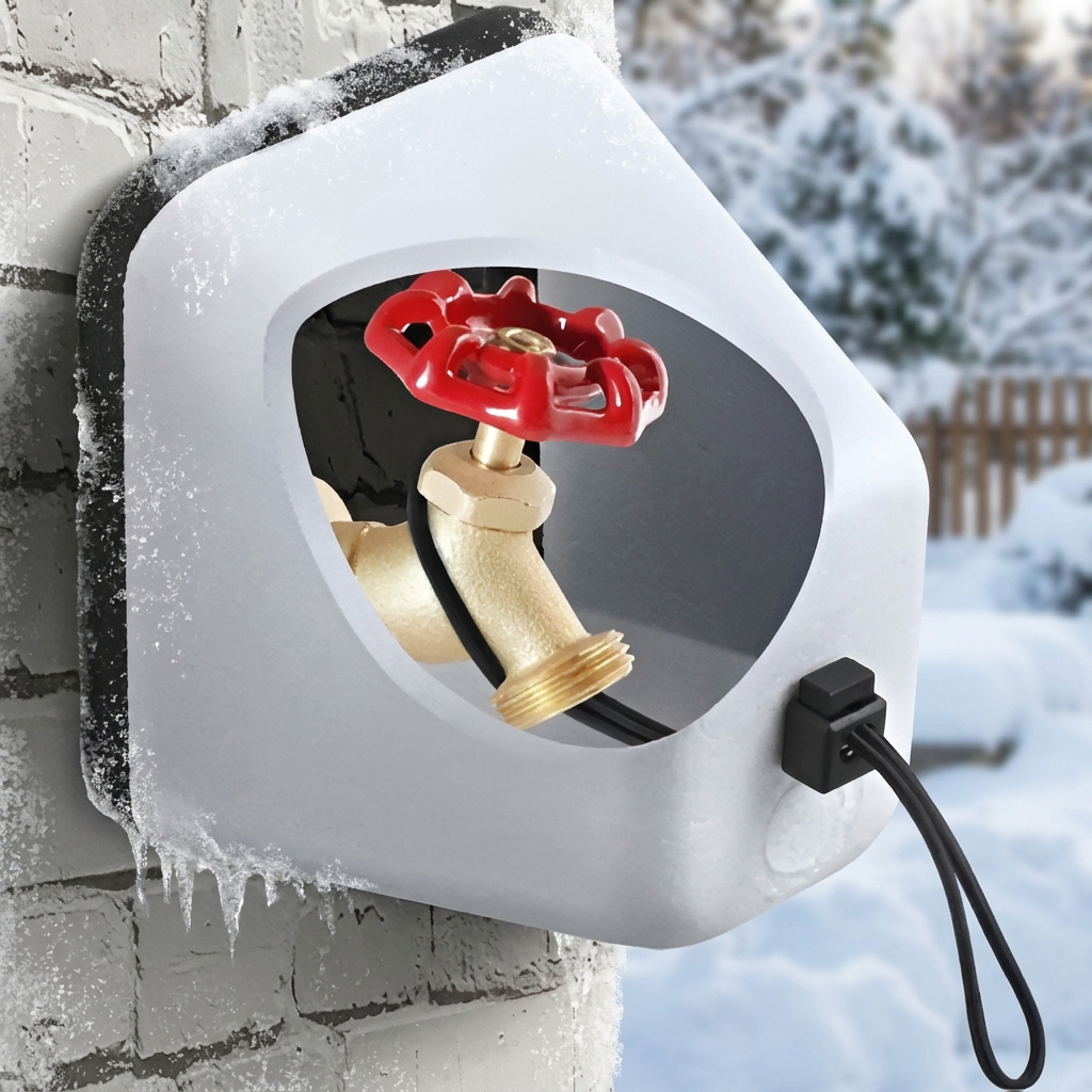 Outdoor tap cover on an exterior faucet in winter - lifestyle