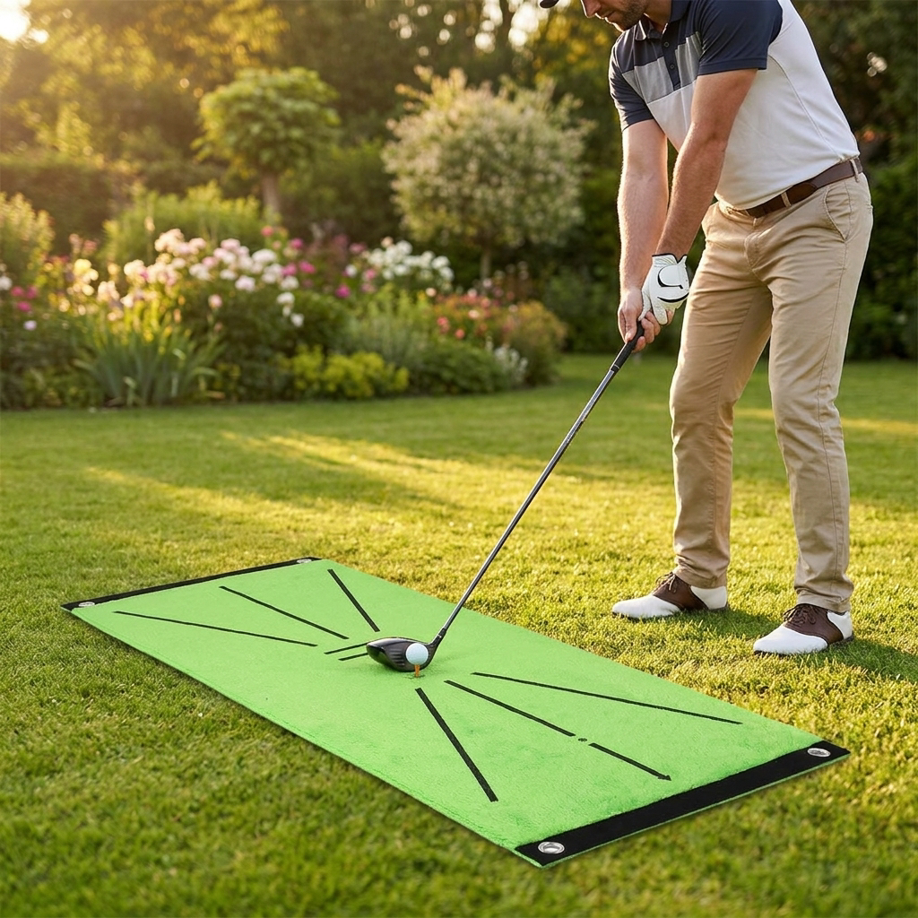 Golf swing mat on a backyard lawn - lifestyle