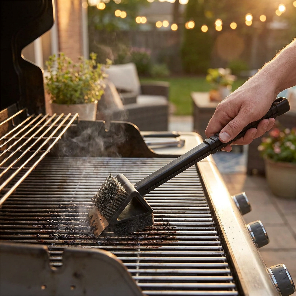 3-in-1 grill brush cleaning a BBQ - lifestyle