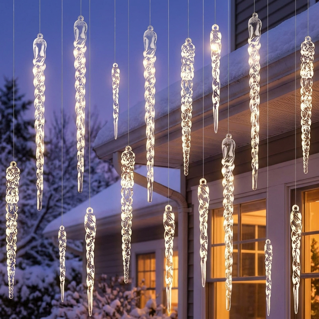 Icicle ornament lights on a house eave in winter - lifestyle