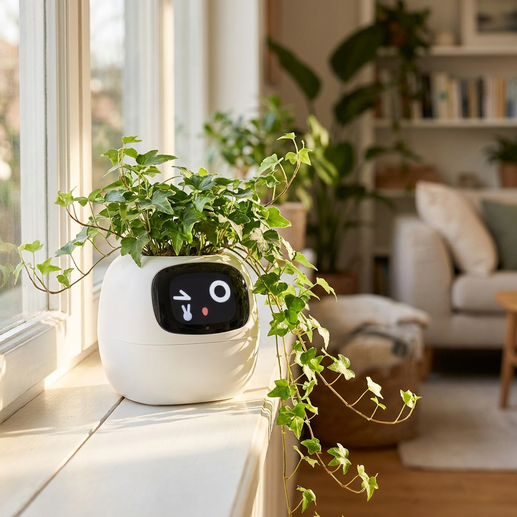 Smart plant pot with ivy on a windowsill - lifestyle