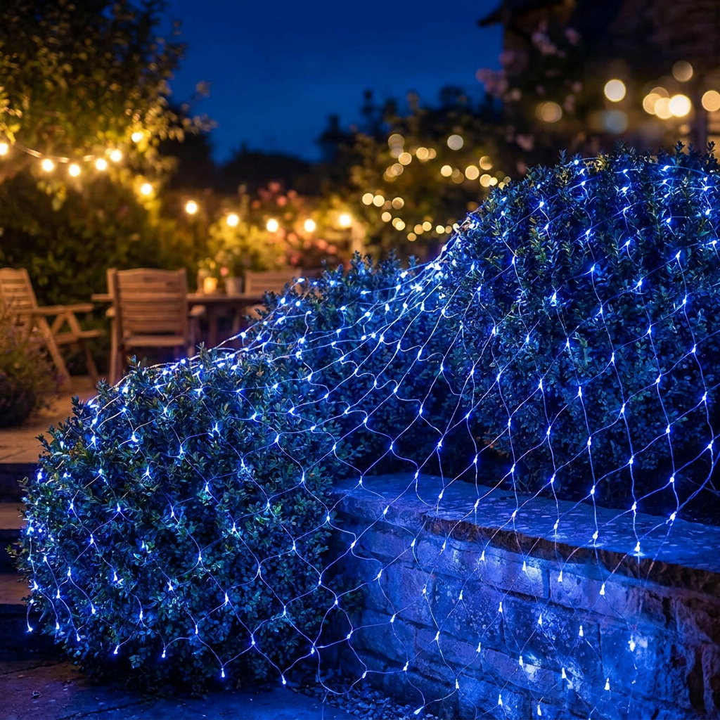 LED net fairy lights over garden bushes at night - lifestyle