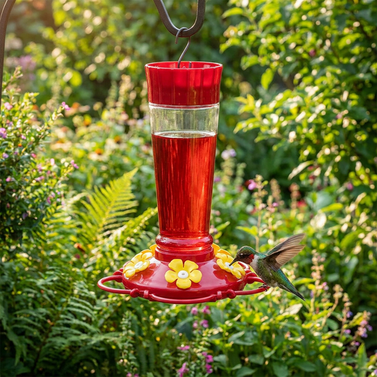 Large hummingbird feeder in a garden - lifestyle