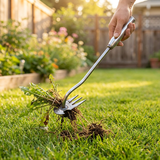 Weed remover tool pulling a weed from a lawn - lifestyle