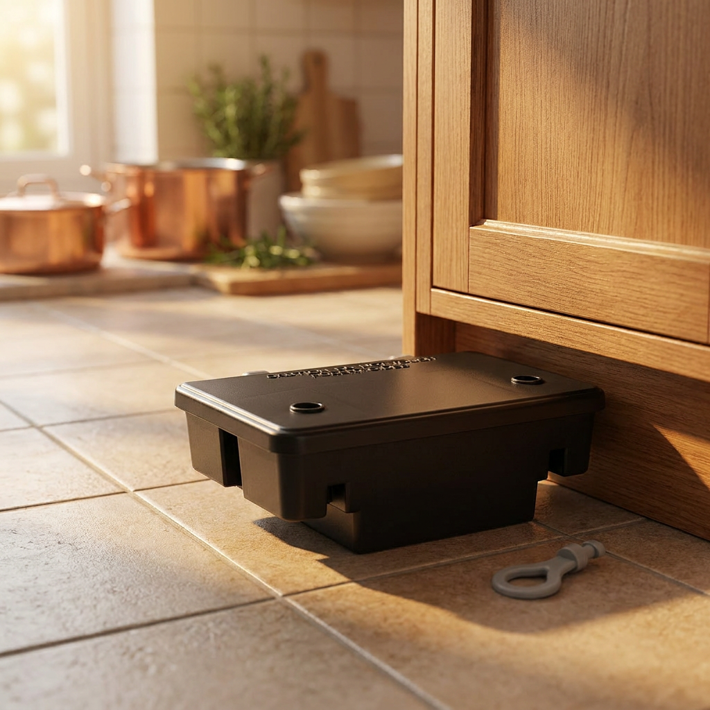 Humane mouse trap on a kitchen floor - lifestyle
