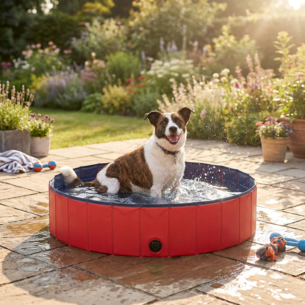 Foldable dog pool with a dog in a backyard - lifestyle