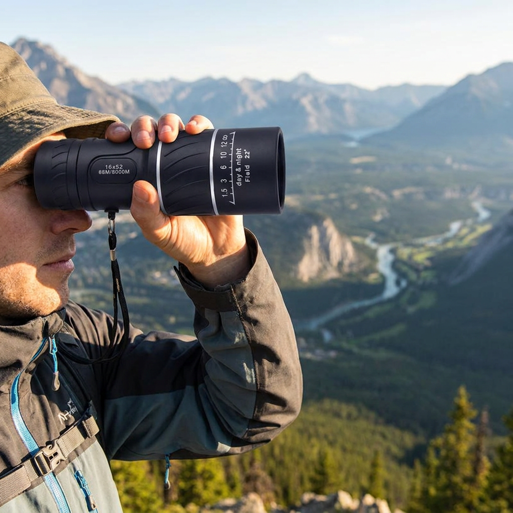Person using a monocular at a mountain viewpoint - lifestyle