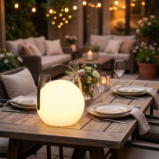 Cordless LED table lamp on a patio dinner table - lifestyle