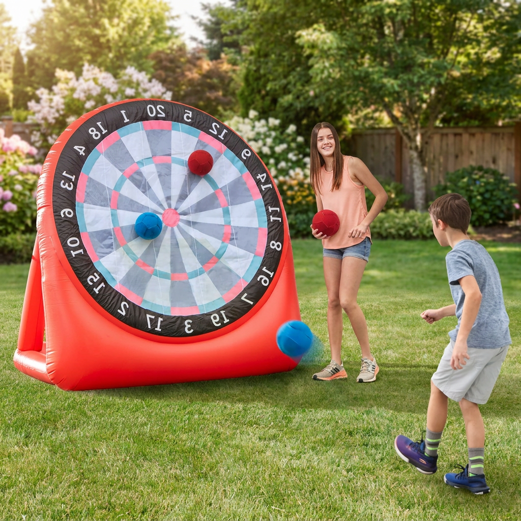 Giant inflatable soccer dartboard in a backyard - lifestyle