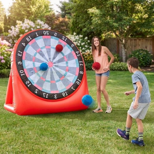 Giant inflatable soccer dartboard in a backyard - lifestyle