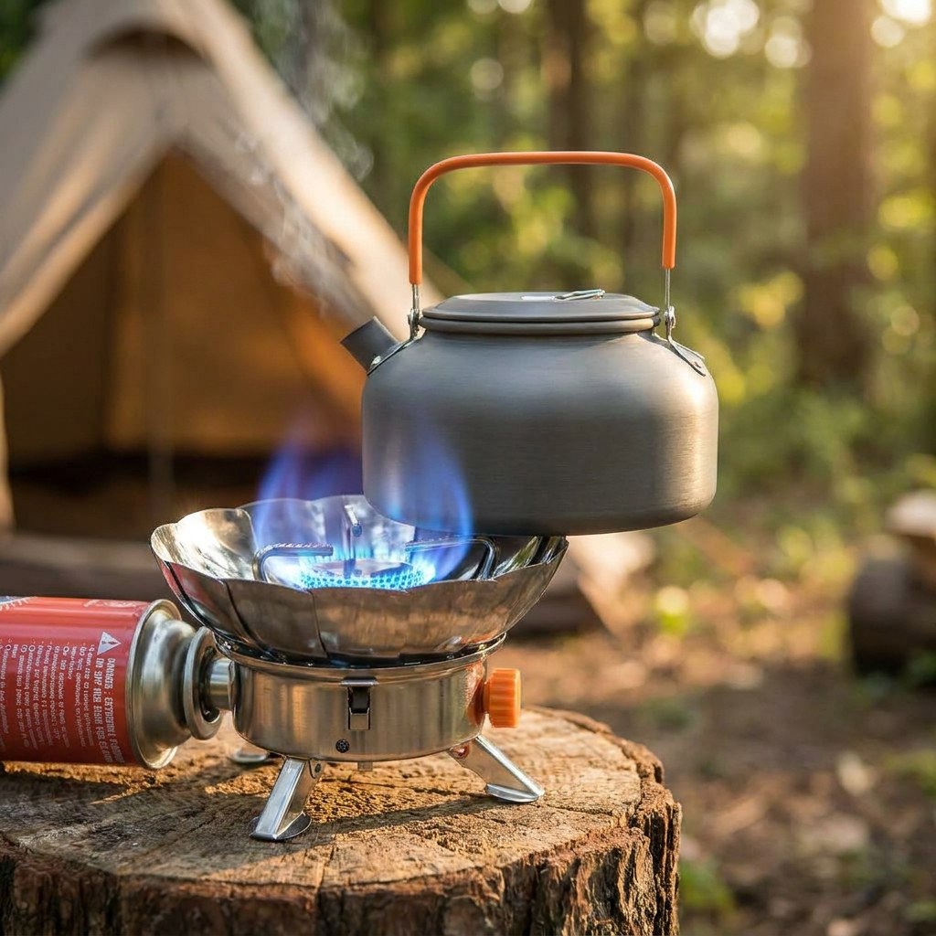 Windproof camping stove in use at a campsite - lifestyle