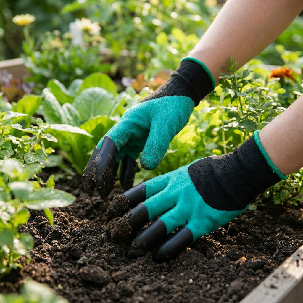 Person wearing claw gardening gloves digging in a garden - lifestyle