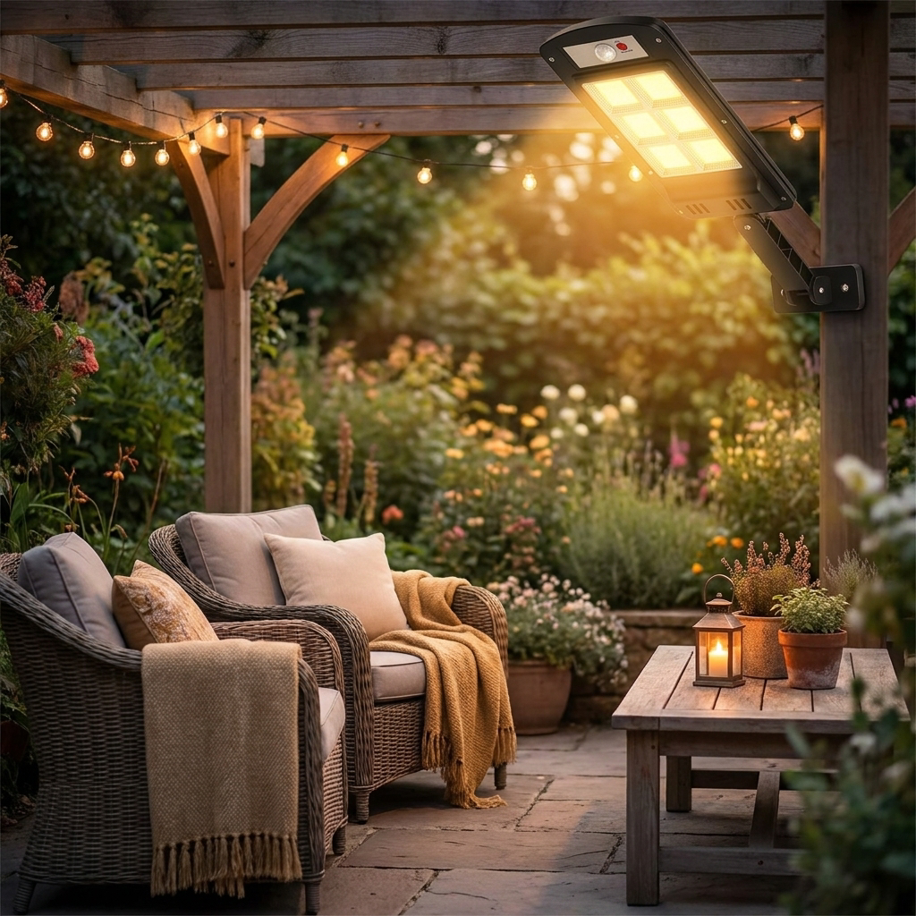 Outdoor solar LED lamp on a garden patio at dusk - lifestyle